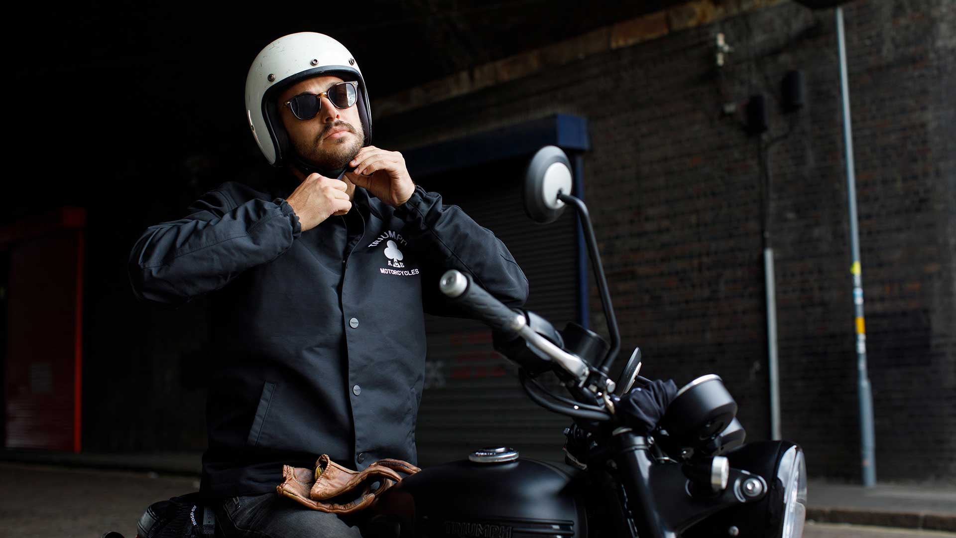 Male model wearing Triumph x Ace Cafe Collection