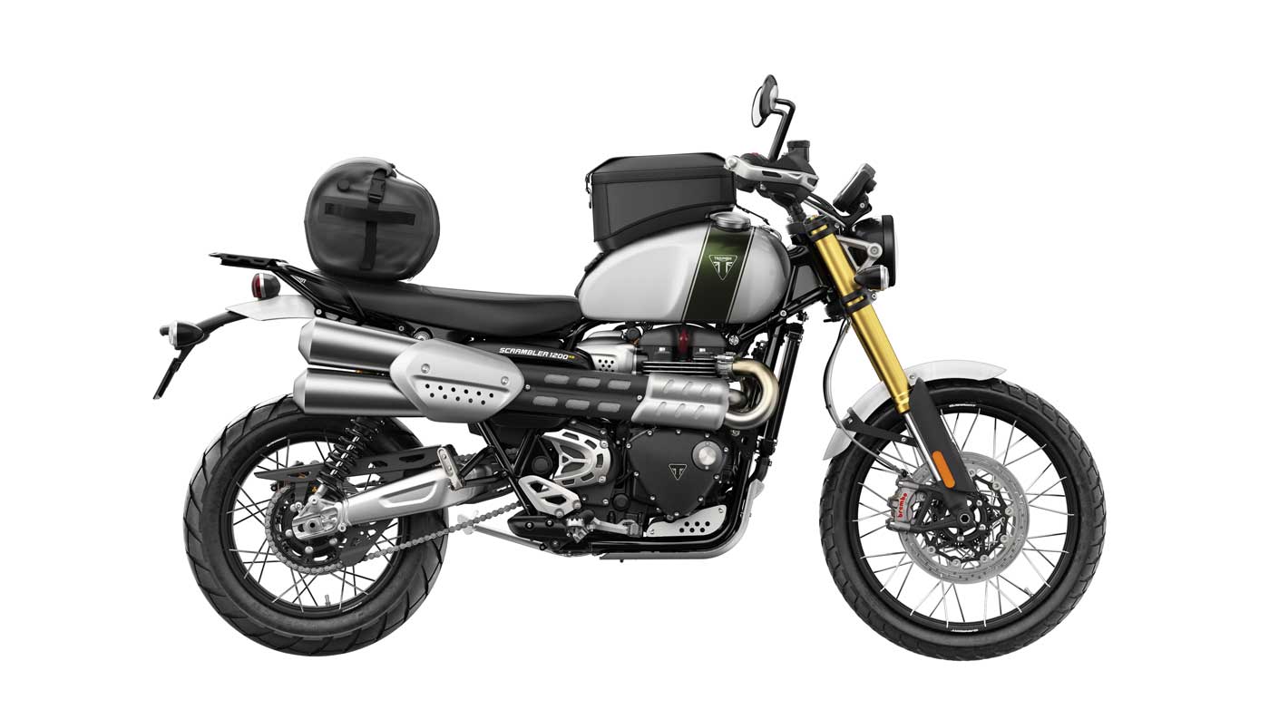 Triumph Scrambler 1200 XE with grab rack and roll bag
