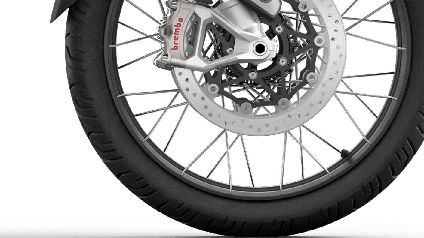 CGI close -up of Triumph Tiger 900 Rally Spoked tubeless wheels