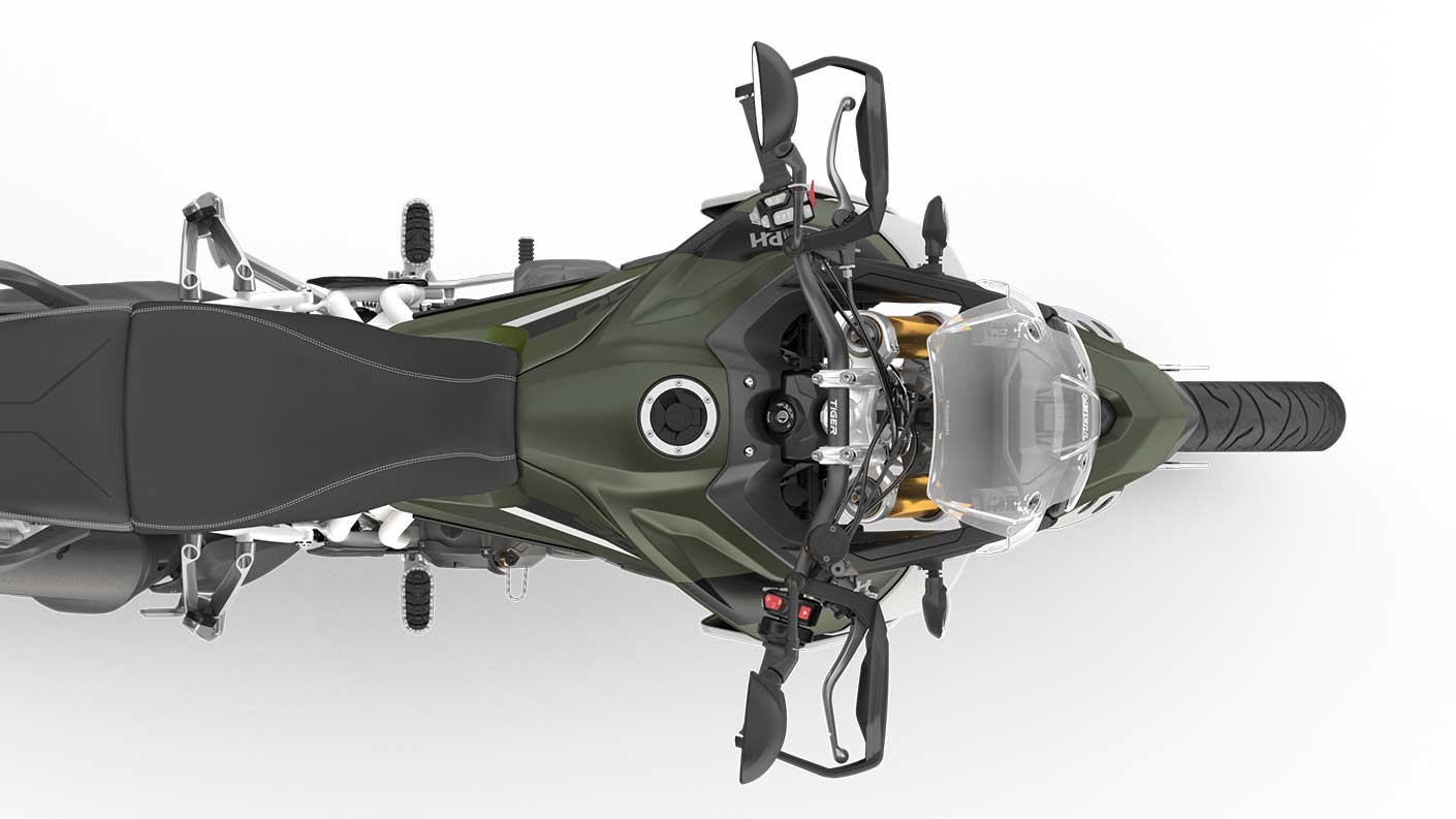 Above view CGI close -up of Triumph Tiger 900 Rally khaki green fuel tank