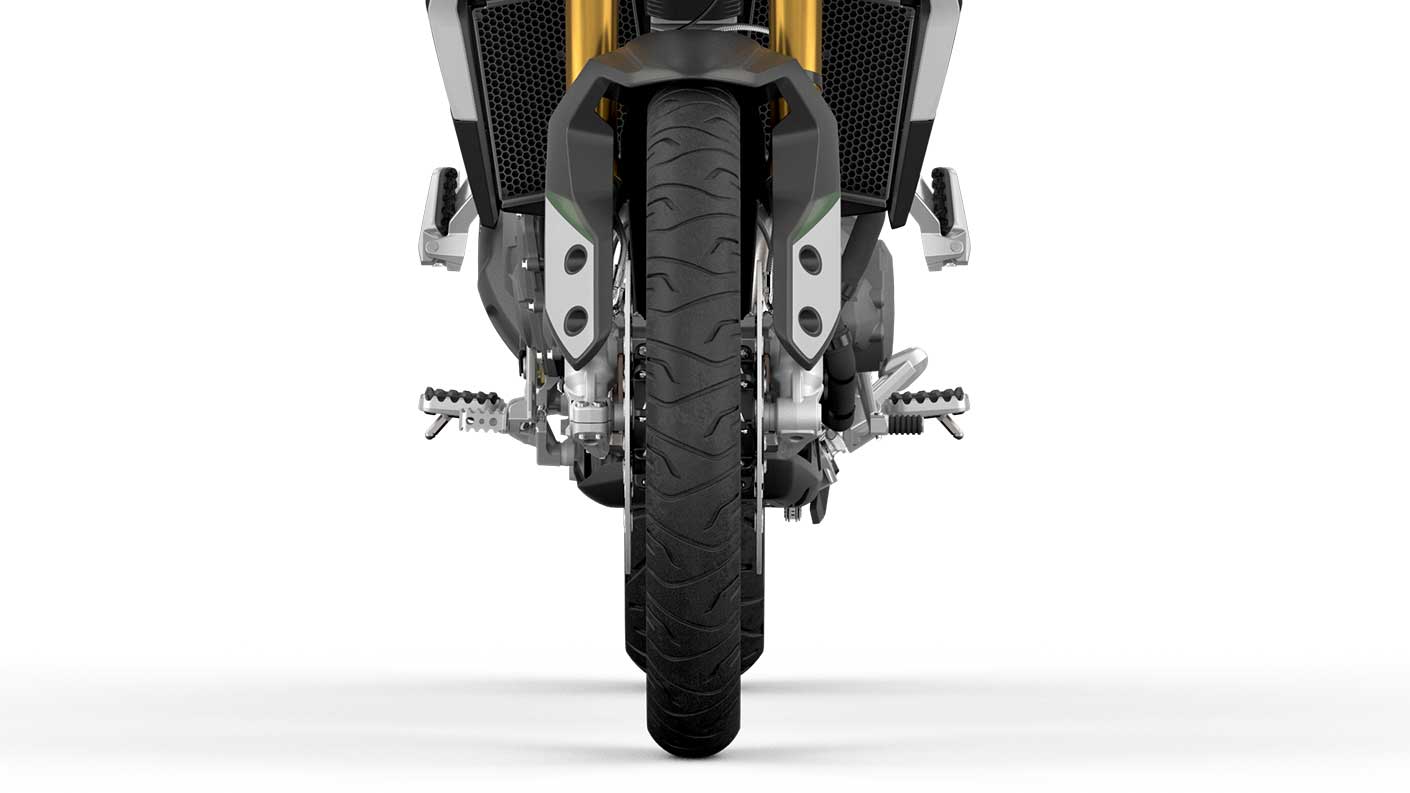 CGI close -up of Triumph Tiger 900 Rally Handbook-approved off-road tyre