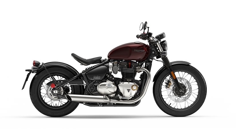 Triumph Bonneville Bobber side shot in morello red