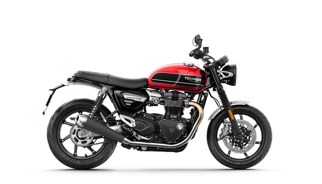 Right hand shoot of the Triumph Speed Twin in Korosi Red and Storm grey with graphite coachline