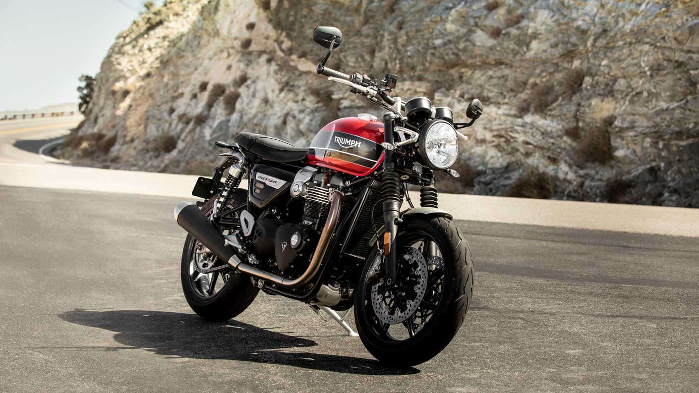 All-new Triumph Speed Twin parked on sweeping corner of mountainous road