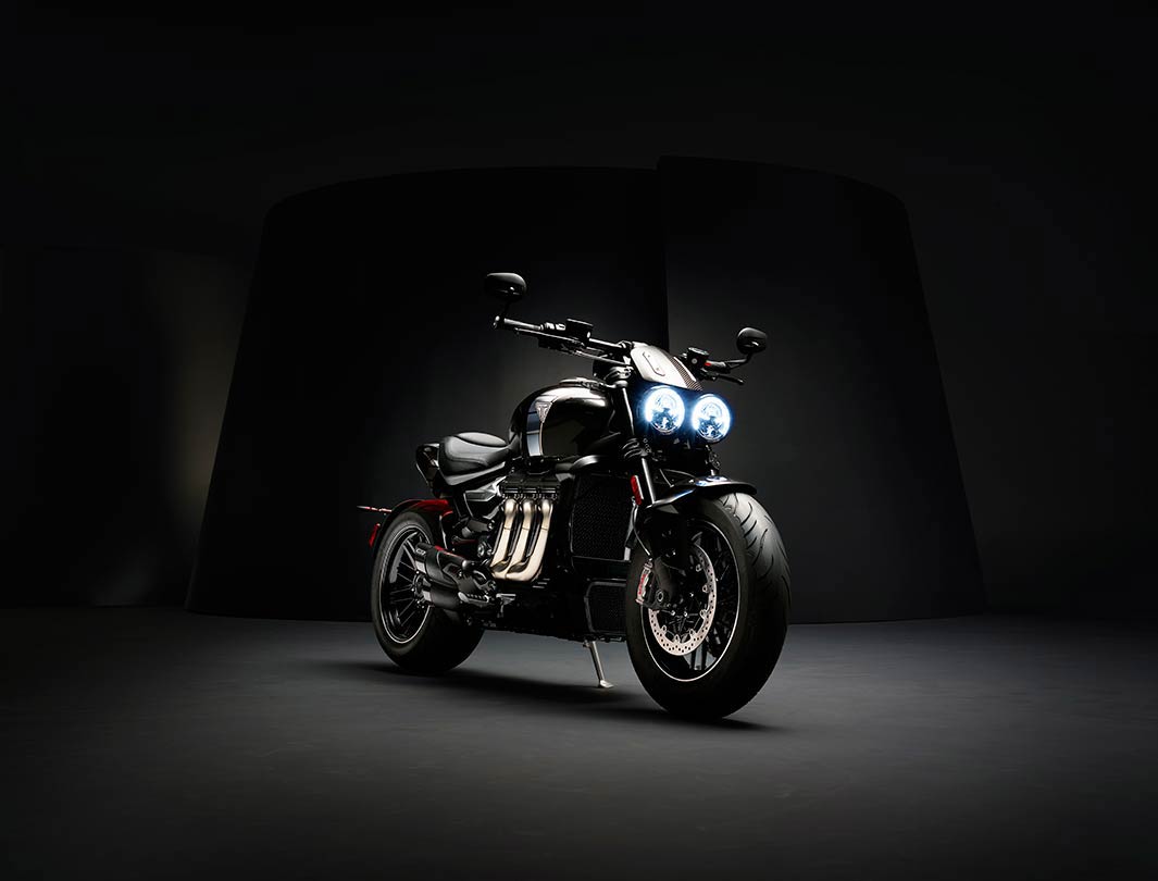Triumph Rocket 3 TFC front three quarters featuring three header exhaust run